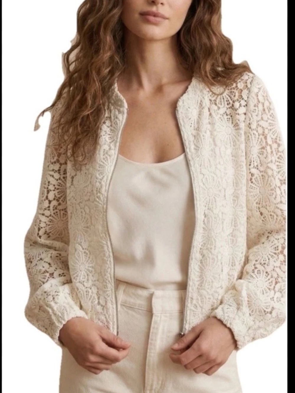 Anthropologie Ivory Lace Cropped Bomber Jacket